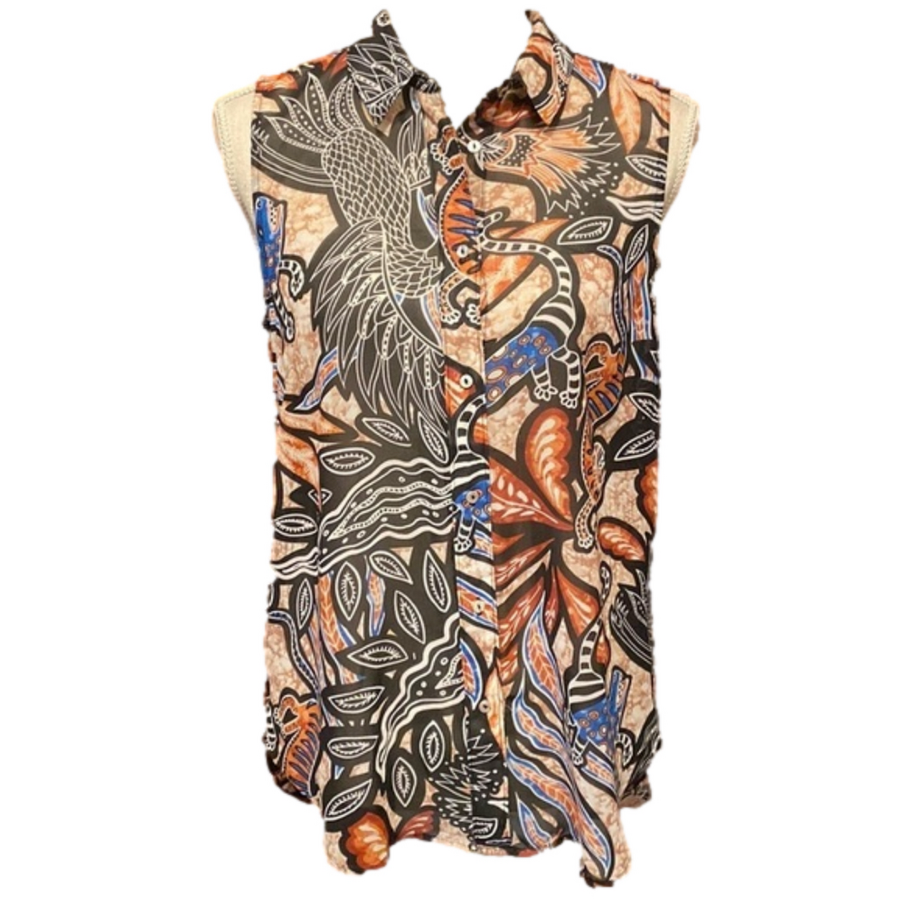 PREMISE black and brown Aztec vibe sleeveless sheer blouse.